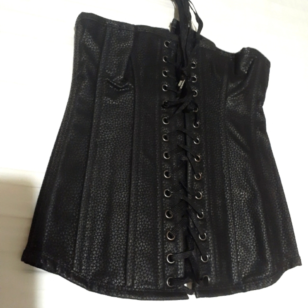 Black, Raw Leather Maria Pozo Bustier Corset. Size Small